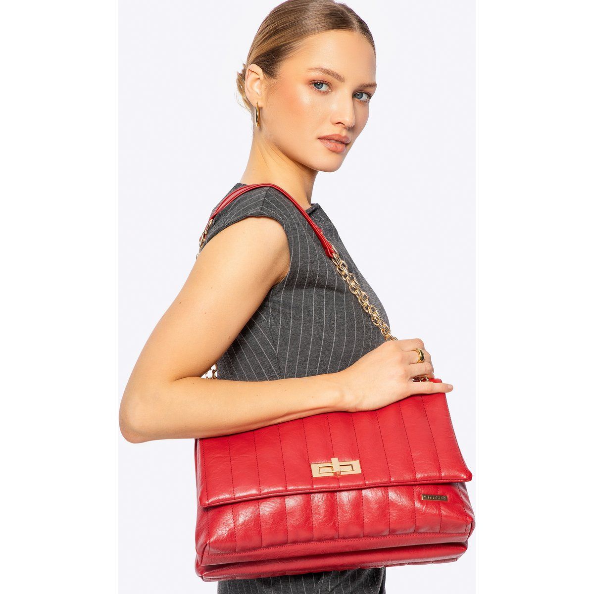 Wittchen Damen-Umhängetasche aus Öko-Leder, zwei Fächer, groß, rot