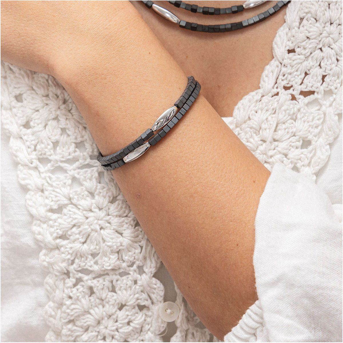 Zeeme Stainless Steel Armband Edelstahl 2-reihig mit Hämatit-Steinen 17,5+3cm lang