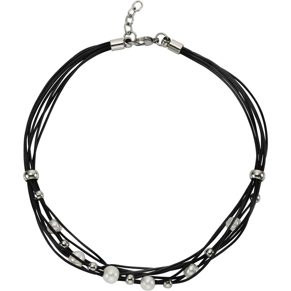 Zeeme Stainless Steel Halskette Leder schwarz mit Stahlkugeln und weißen Perlen