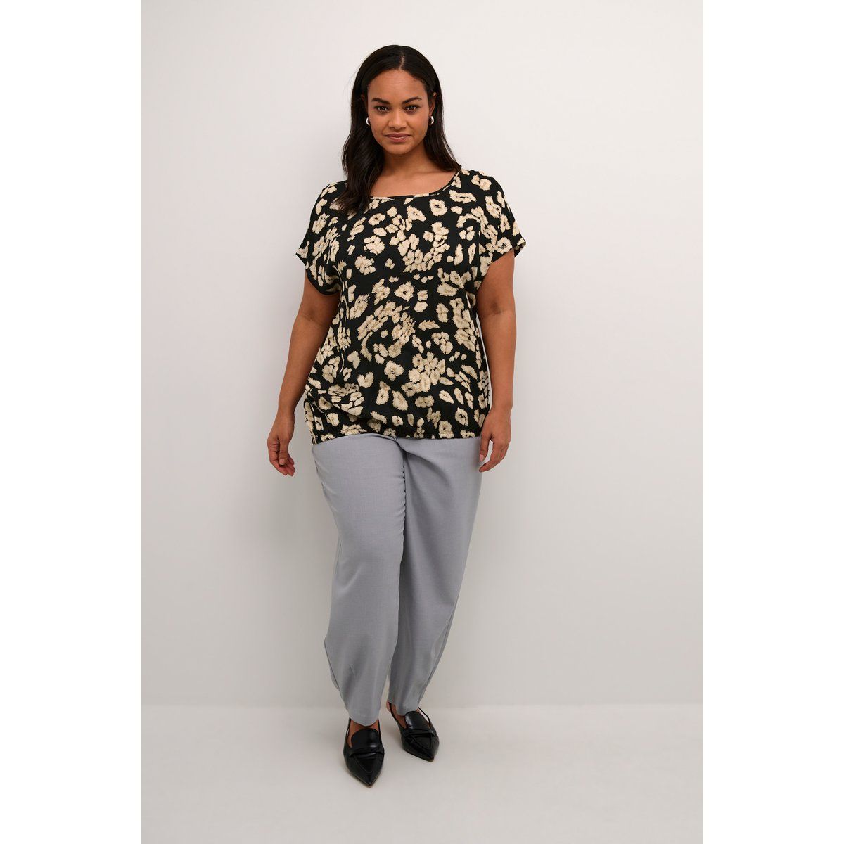 Kurzarm-Bluse Loose fit Black/Sand Leo Print leopard