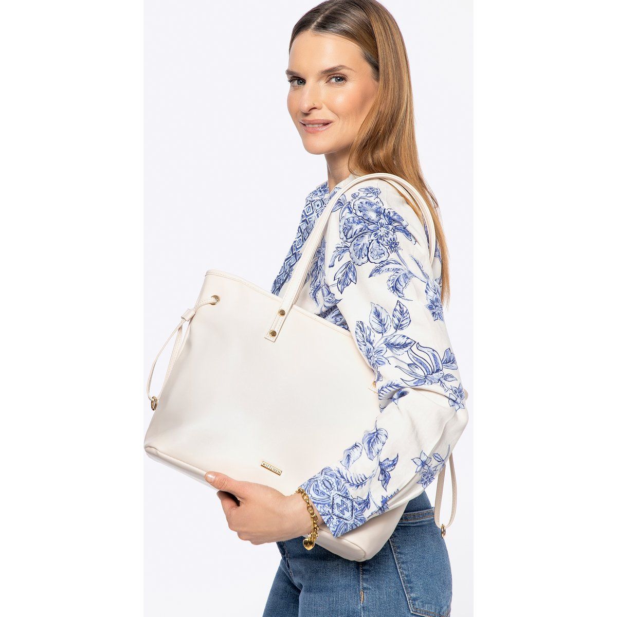 Wittchen Damen-Einkaufstasche aus Öko-Leder mit Kordelzug, Creme