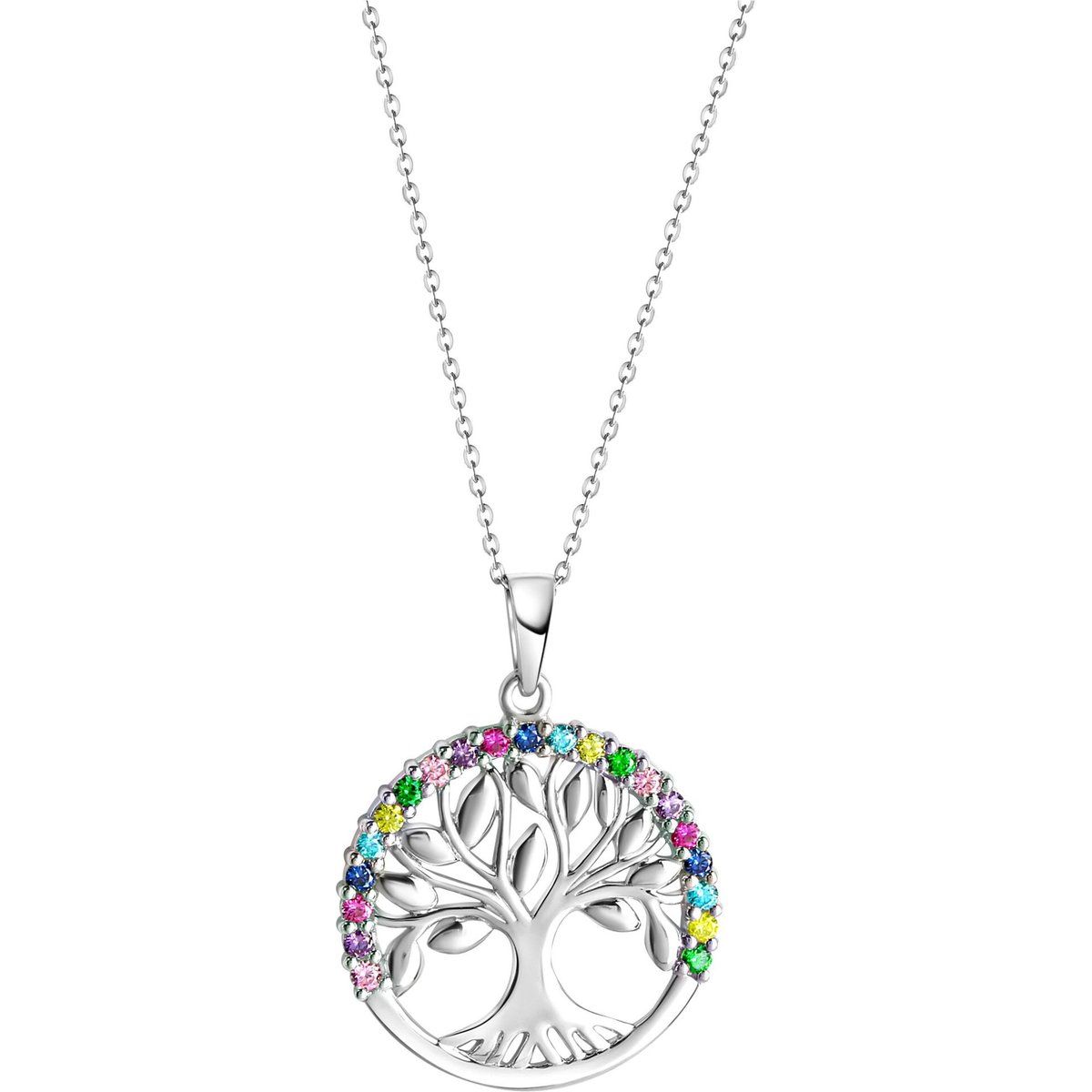 Zeeme Silber Halskette Silber 925 rhodiniert mit Lebensbaum-Motiv und Zirkonia-Steinen