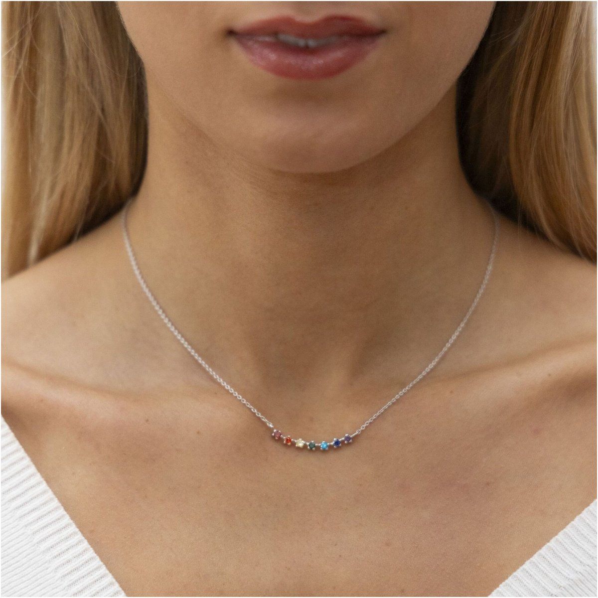Zeeme Silber Halskette Silber 925 rhodiniert mit bunten Zirkonia-Steinen