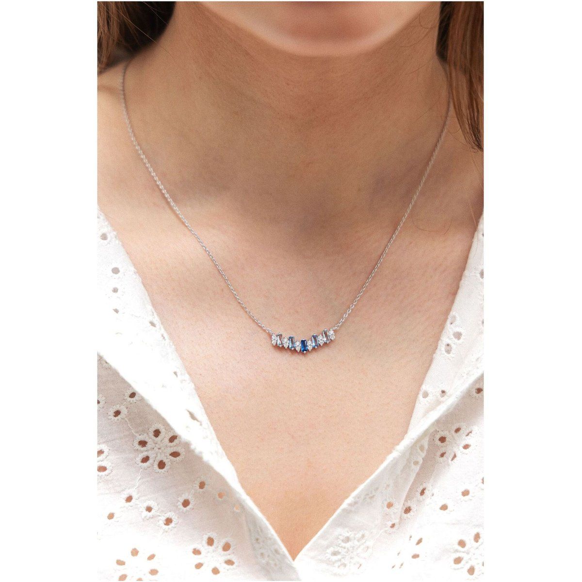 Zeeme Silber Halskette Silber 925 rhodiniert mit Zirkonia blau und weiß