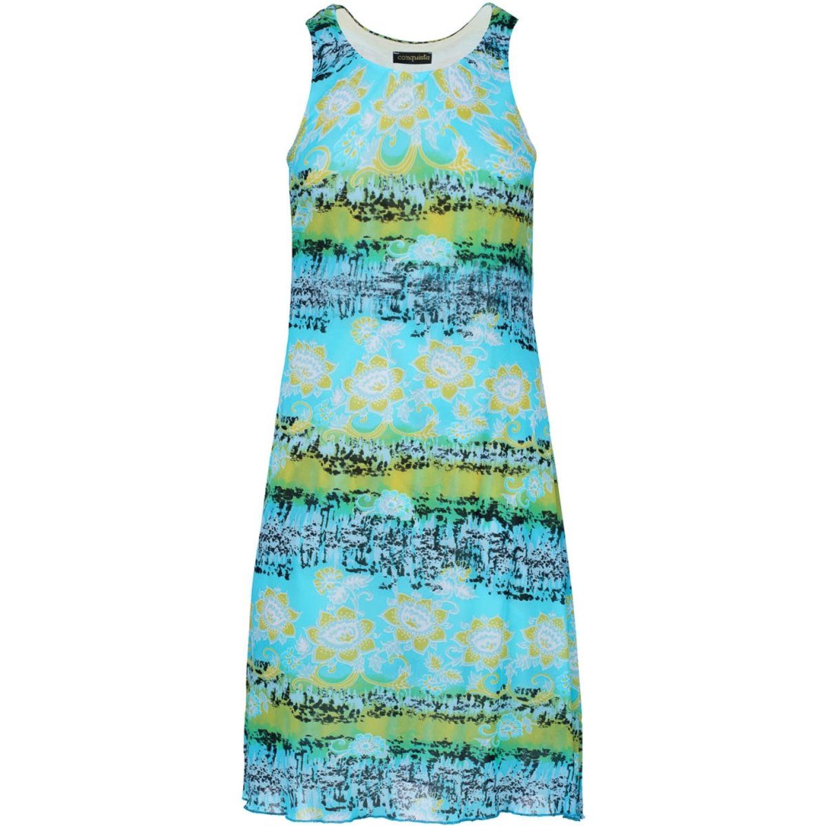 Ärmelloses Sommerkleid – mehrfarbiger Blumendruck, transparenter Nylonüberzug, vollständig mit Baumwolle gefüttert