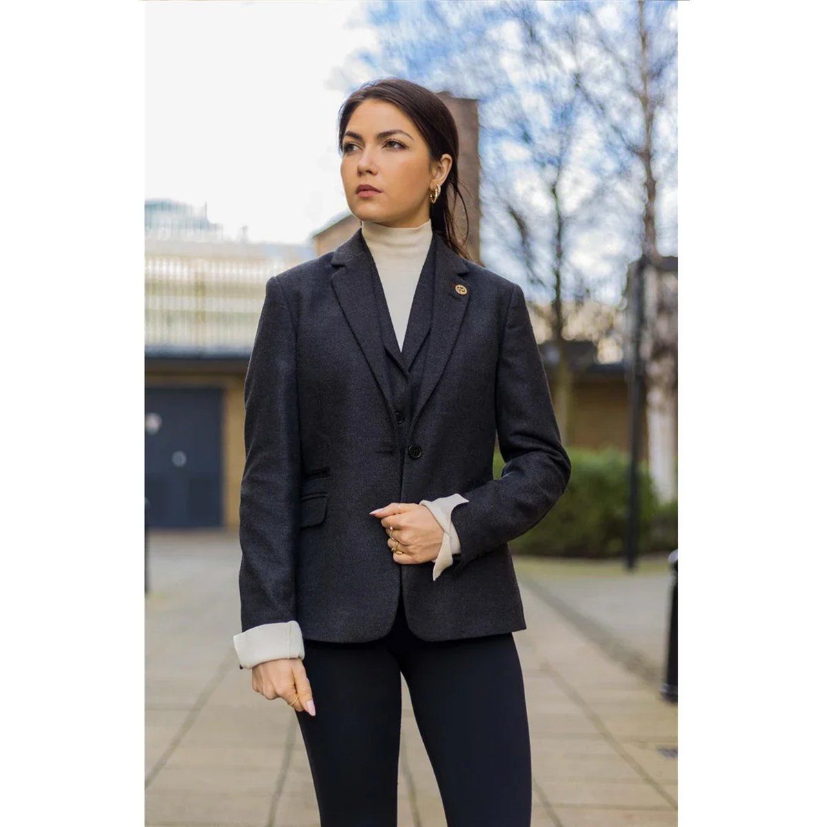 Damen Schwarz Fischgrätenmuster Tweed Blazer Weste Wolle 2 Stück Set