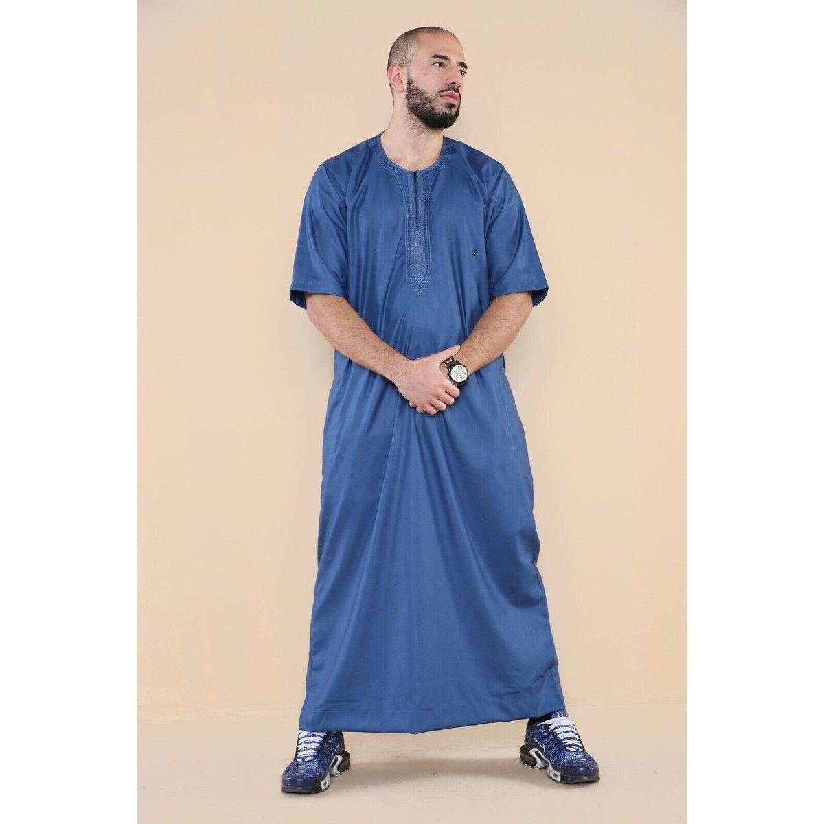 Blauer Thobe Jubba für Herren, islamischer arabischer marokkanischer Saudi-Kaftan mit Reißverschluss und arabischer Robe
