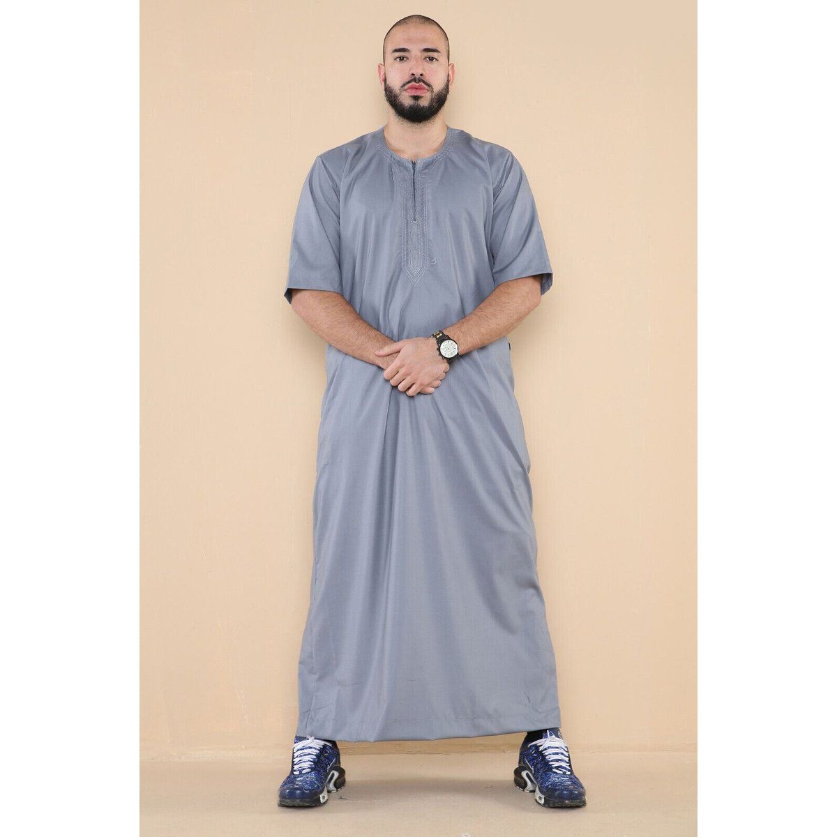 Grauer Thobe Jubba für Herren, islamischer arabischer marokkanischer Saudi-Kaftan mit Reißverschluss und arabischer Robe