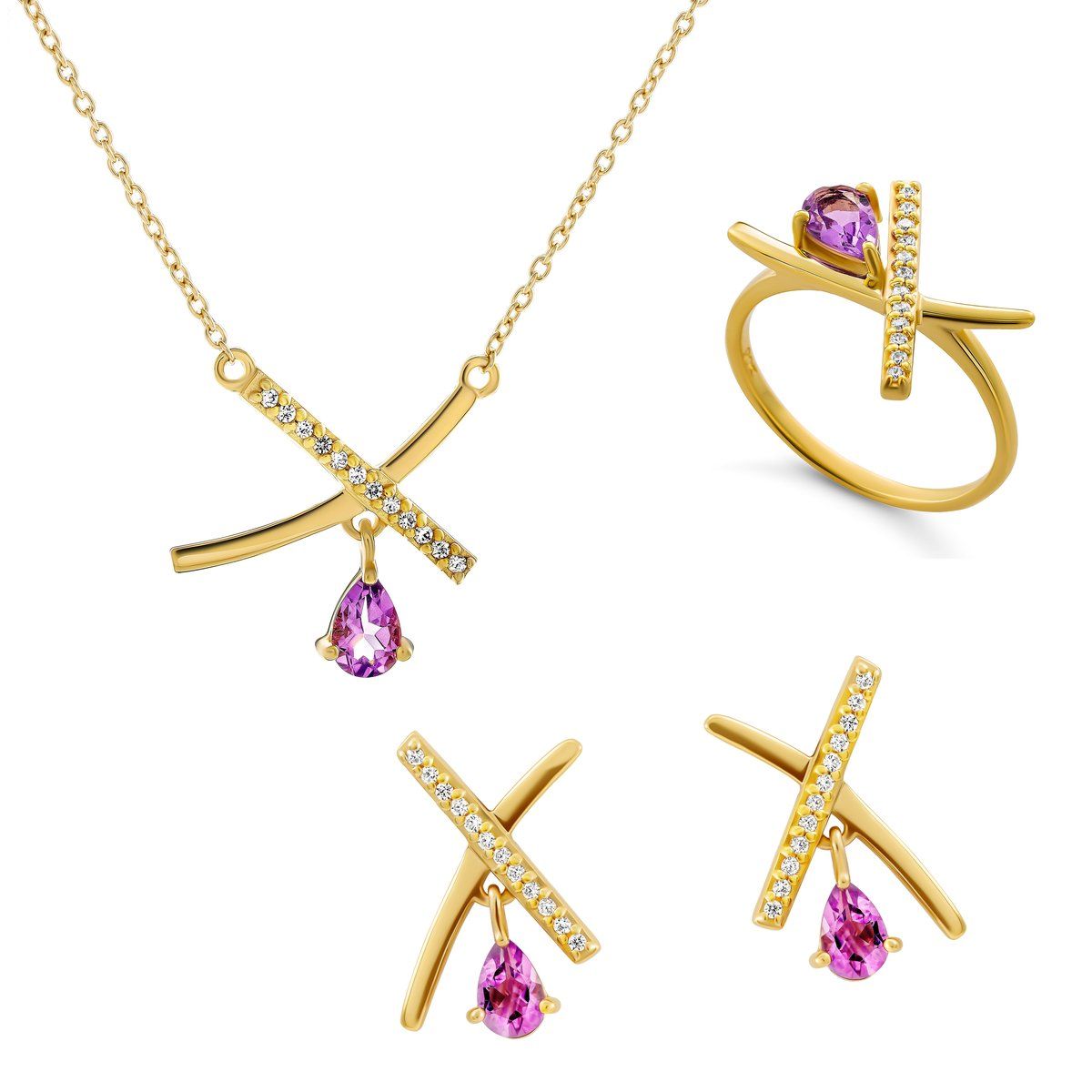 Orphelia 'Charlotte' Damen 925 Sterling Silber Set: Halskette + Ohrringe + Ring - Gold SET-7580/A