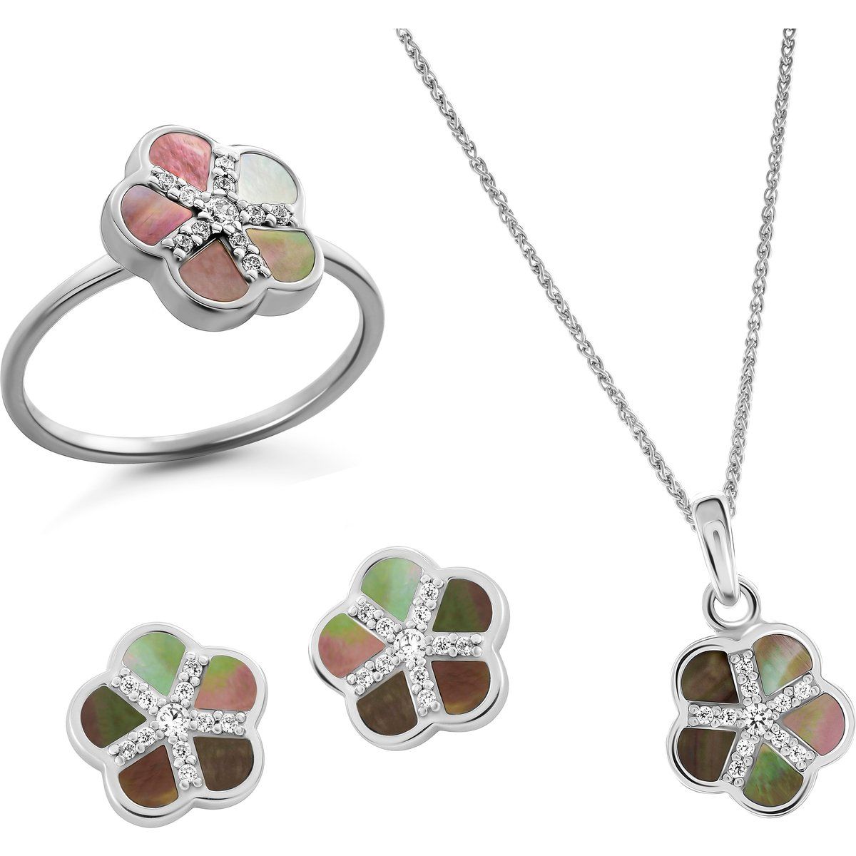 Orphelia 'Daisy' Damen 925 Sterling Silber Set: Halskette + Ohrringe + Ring - Silber SET-7585