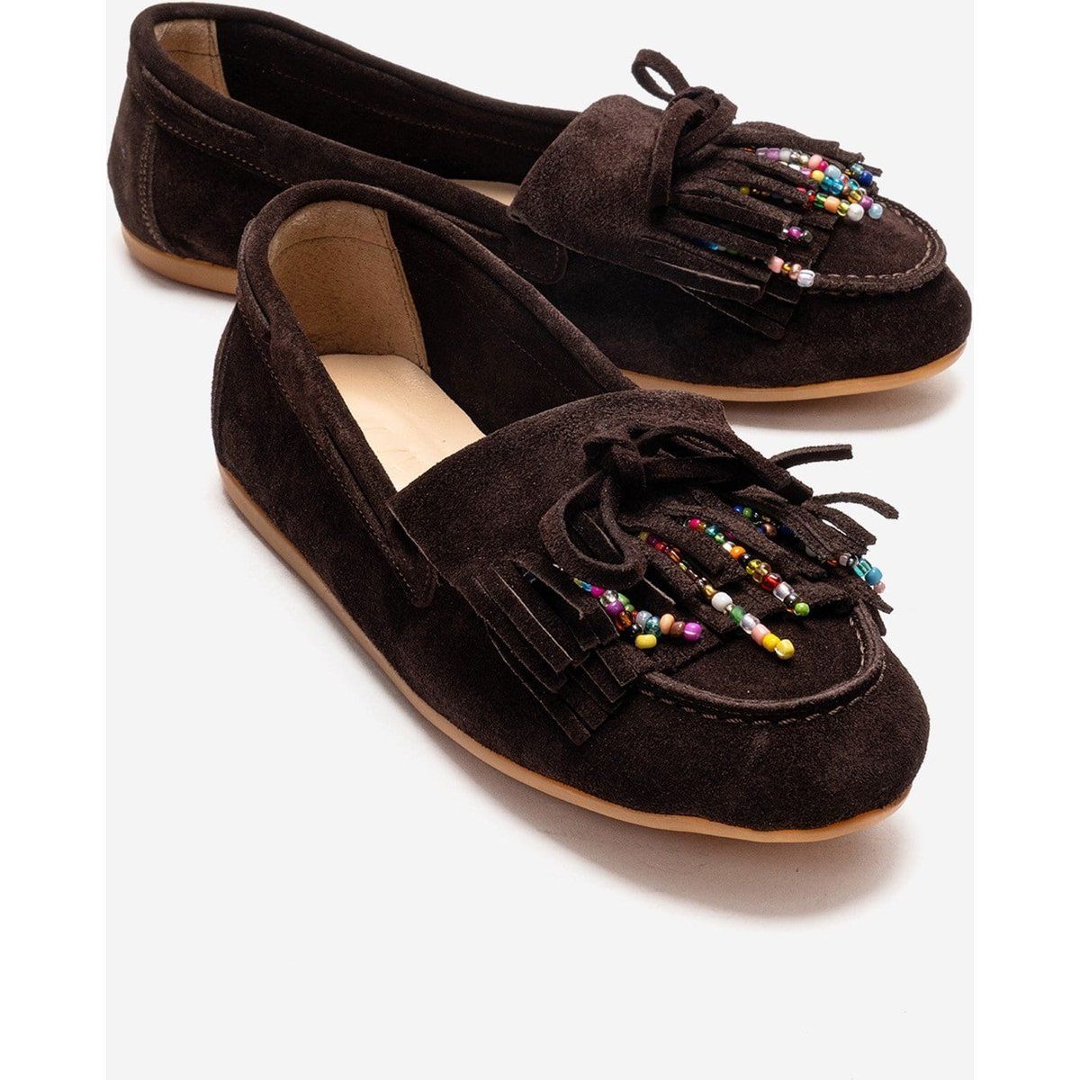 Wildleder-Loafer mit Perlenfransen