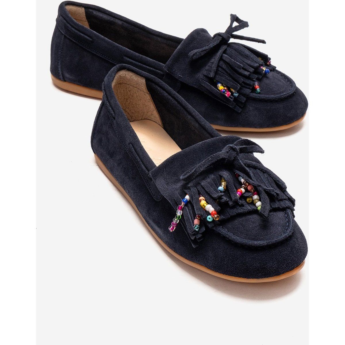 Klassische Wildleder-Loafer mit Perlenfransen
