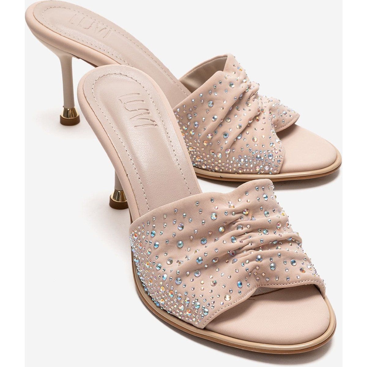 Strassbesetzte geraffte Stiletto-Mules