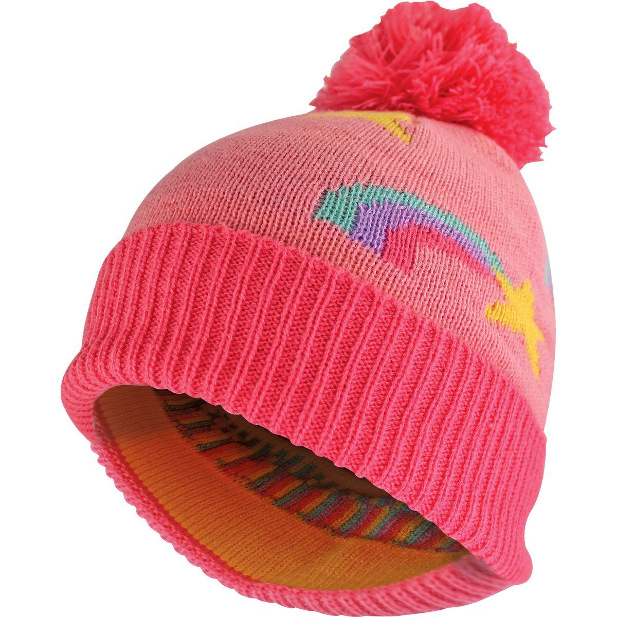 Regenbogen-Strickmütze mit Bommel