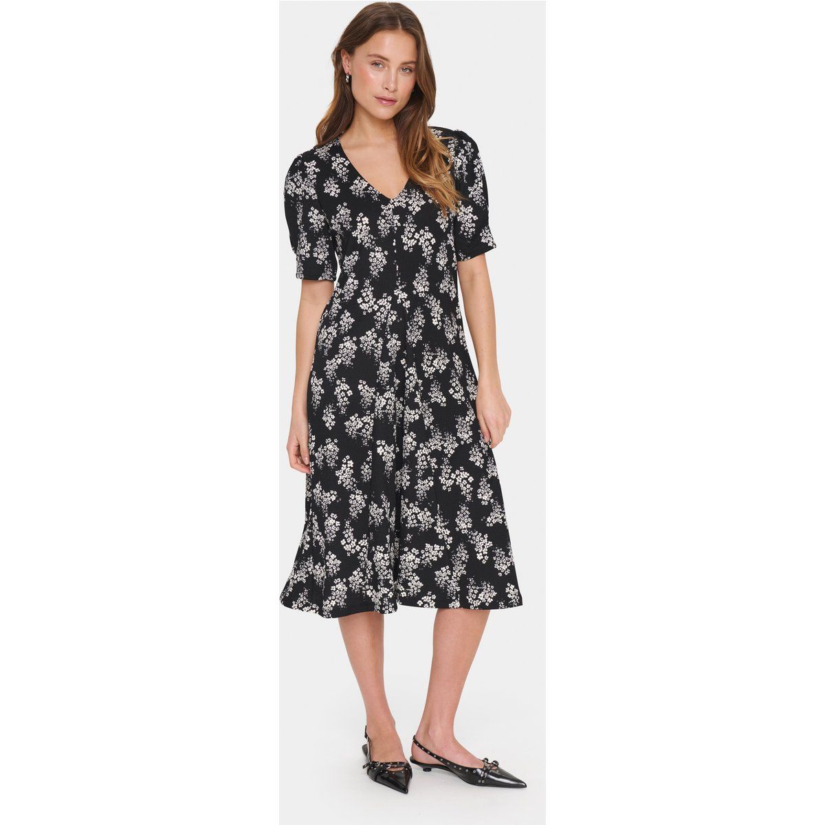 Geblümtes Midi-Kleid mit V-Ausschnitt