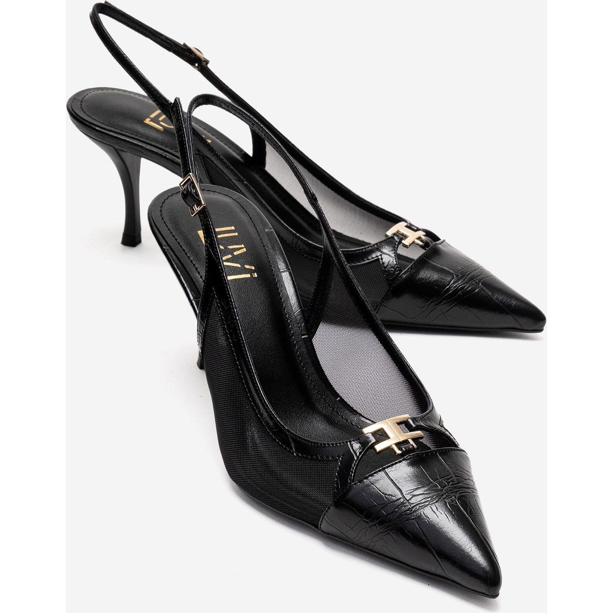 Elegante Mesh- und Kroko-Slingbacks