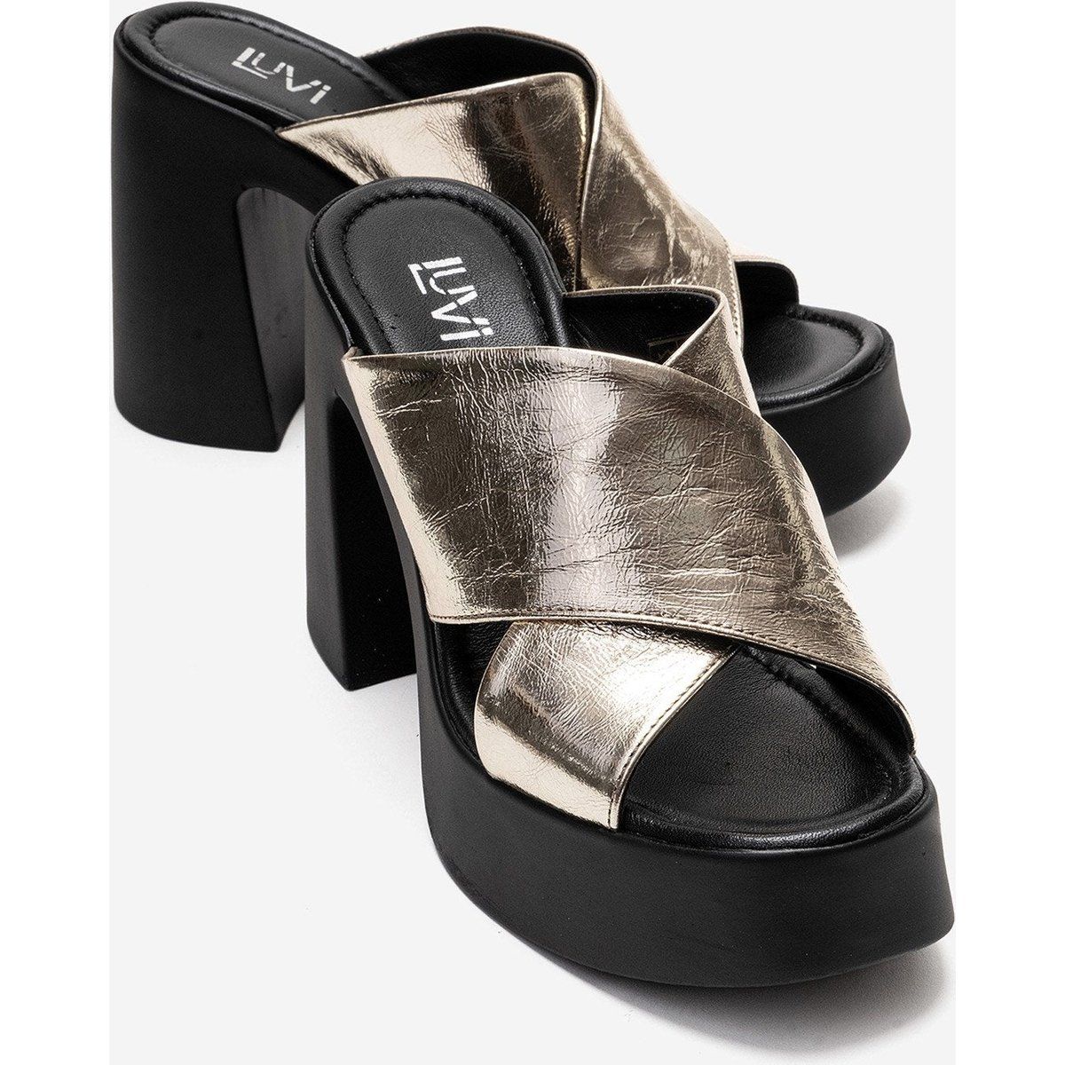 Metallic Plateau-Mules mit Blockabsatz