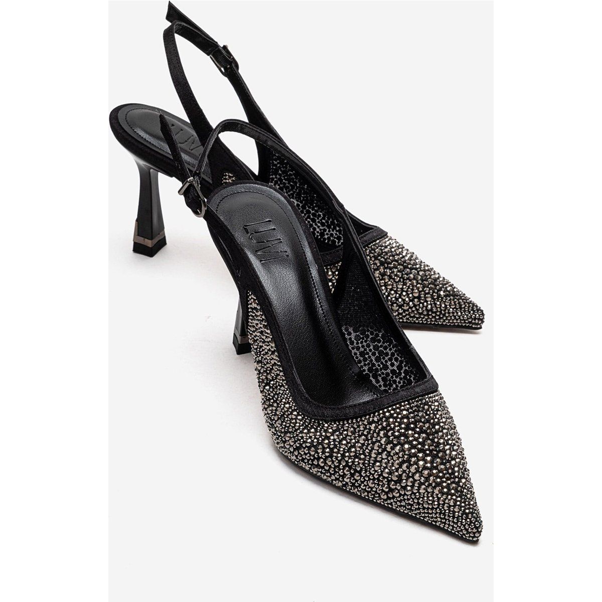 Funkelnde Mesh-Slingback-Pumps mit Strass