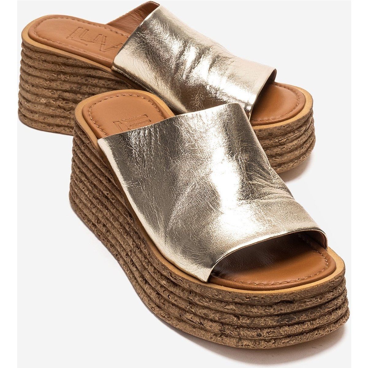 Leder-Plateausandalette mit Keilabsatz