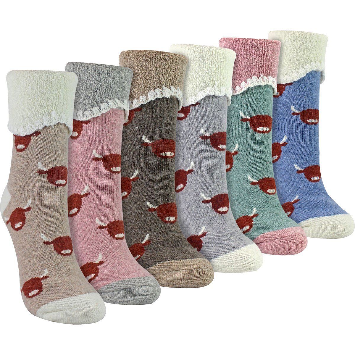 Woll-Bettsocken mit Highland-Rinder-Motiv
