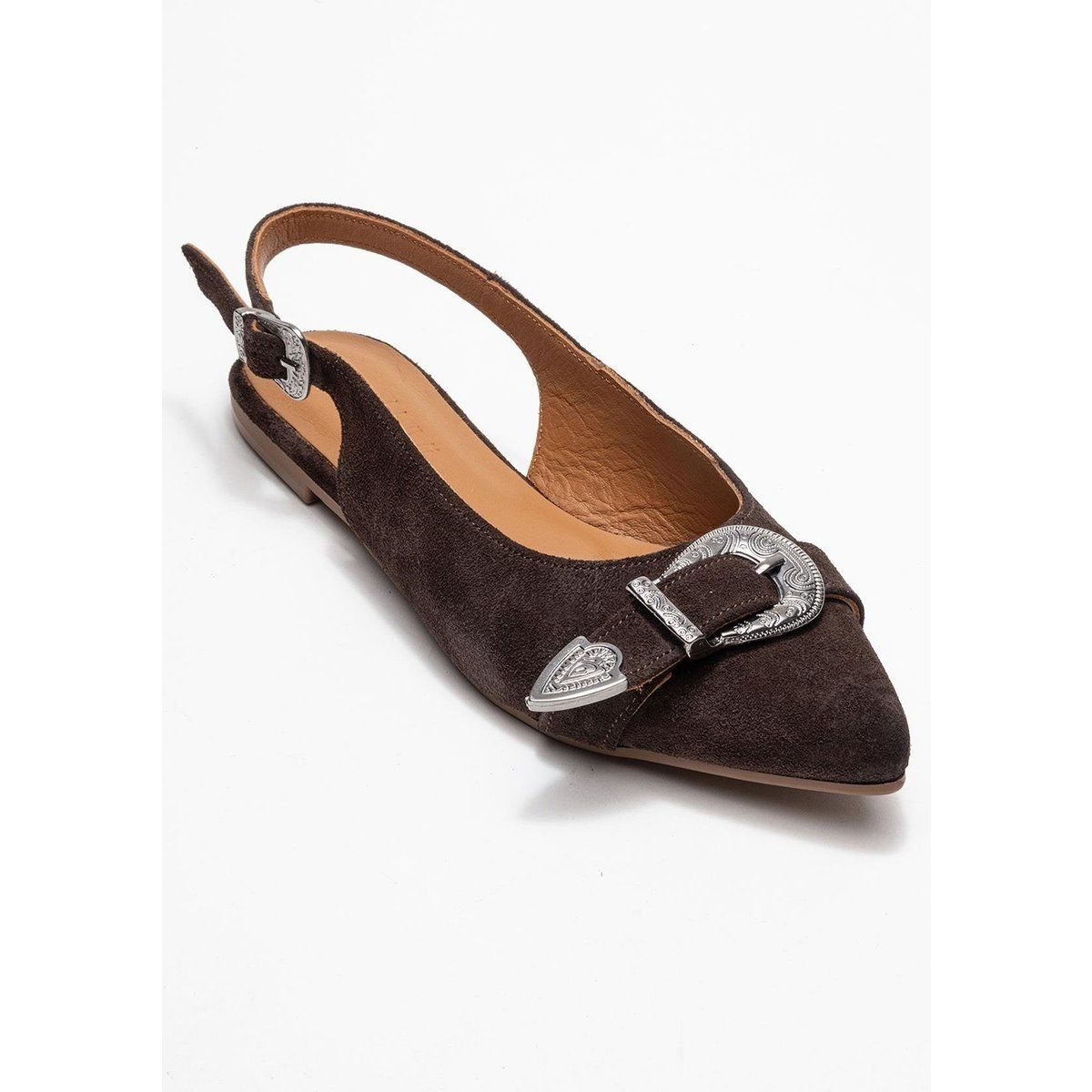 Spitze Wildleder-Slingpumps mit Western-Schnalle