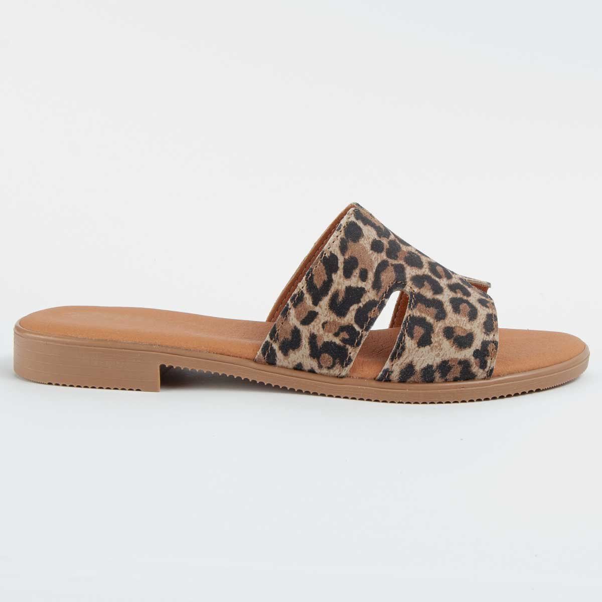Pantoletten mit Leopardenmuster und H-Riemen