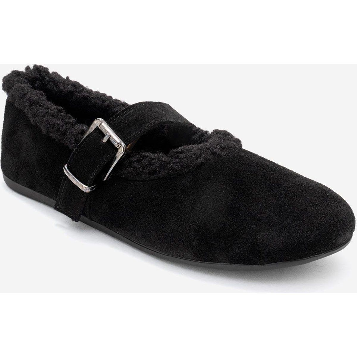 Wildleder-Ballerinas mit Schnalle und Kunstfellbesatz