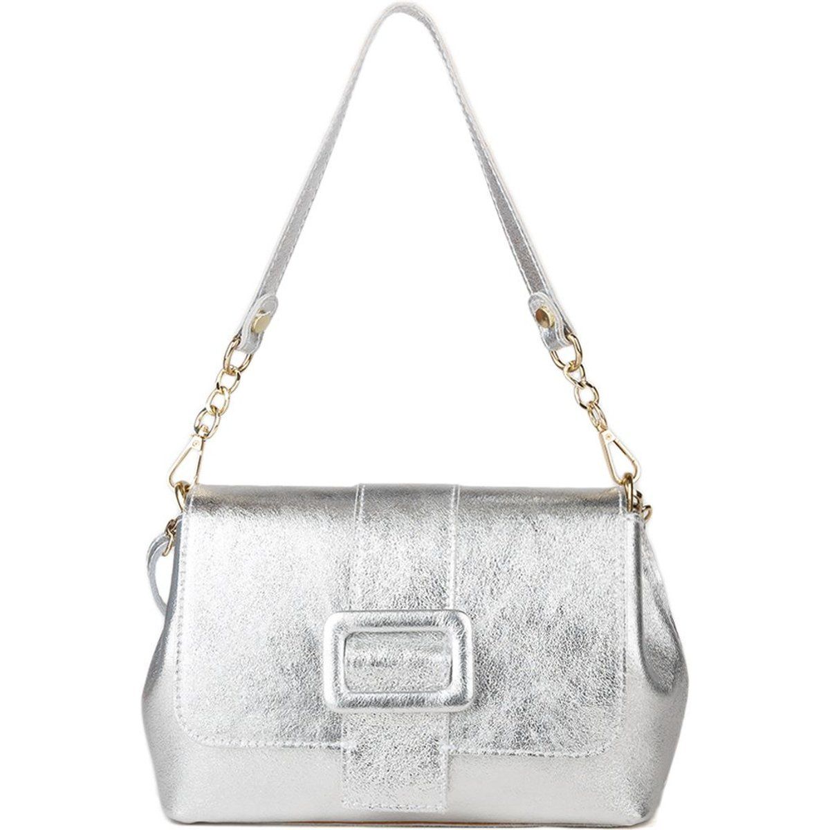 Metallische Leder-Schultertasche mit Klappe