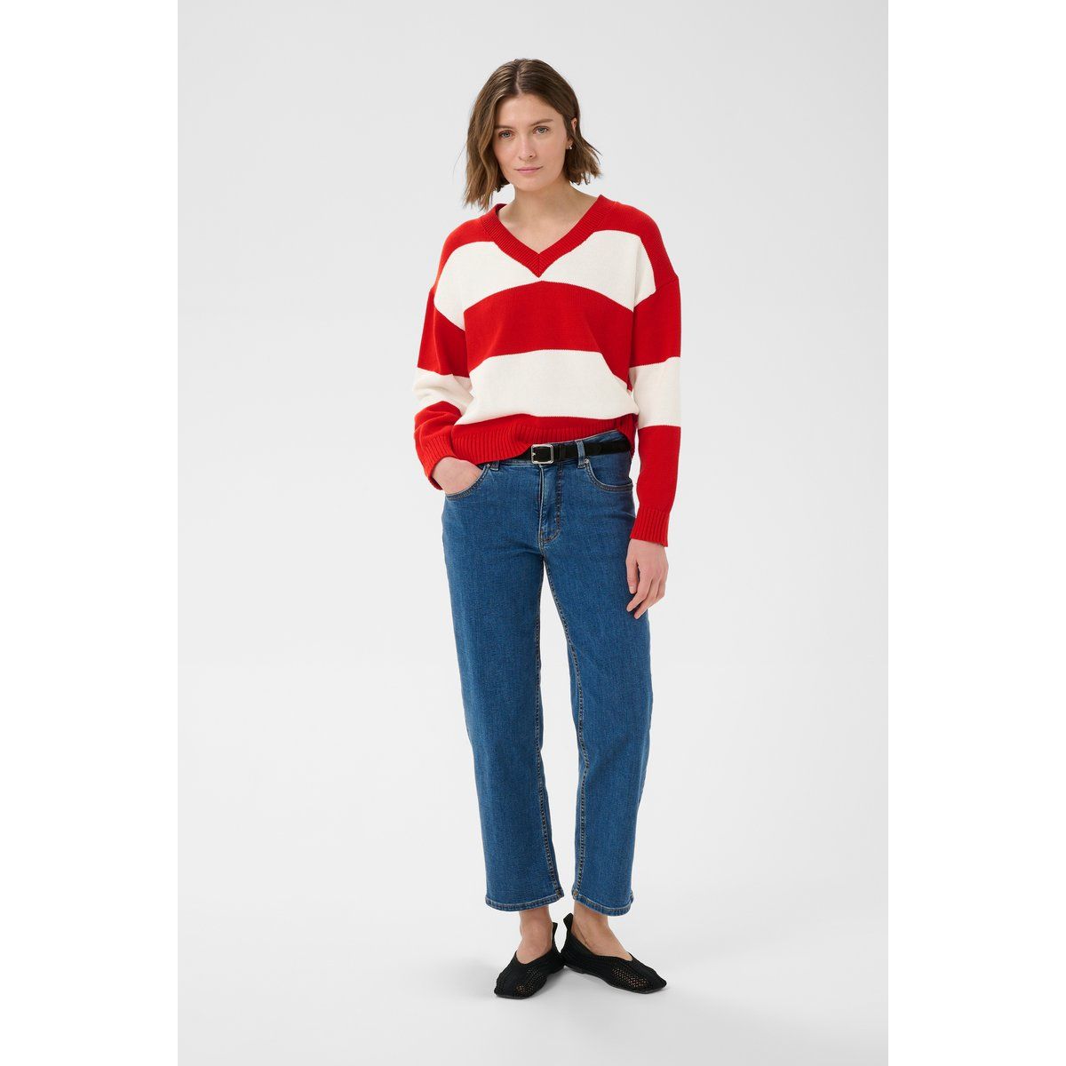 Lockerer gestreifter V-Ausschnitt Pullover