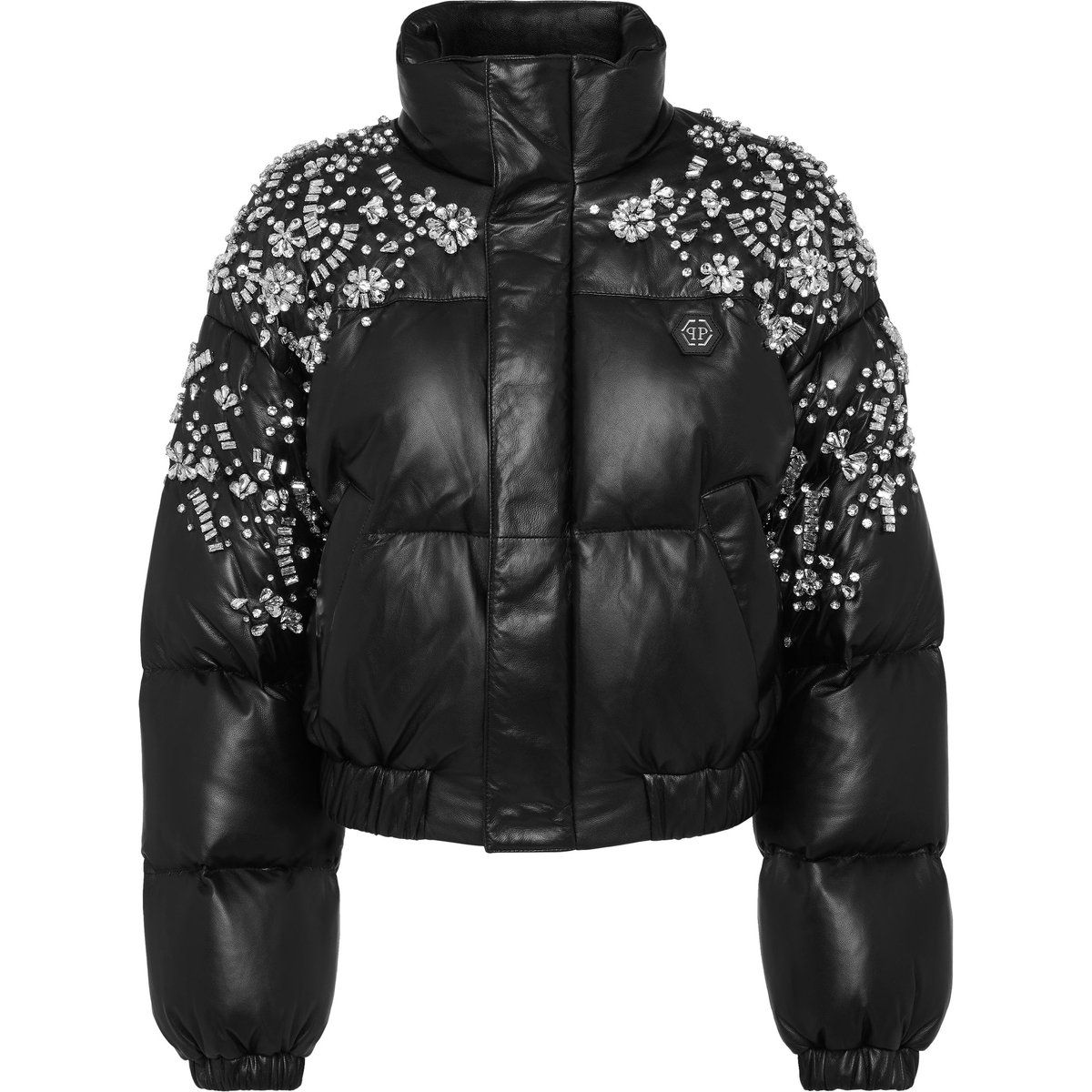 Kristallverzierte Pufferjacke aus Lammleder