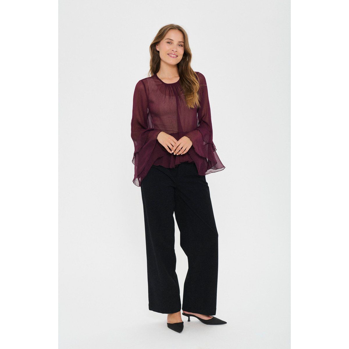 Transparente Volantbluse mit Raffung
