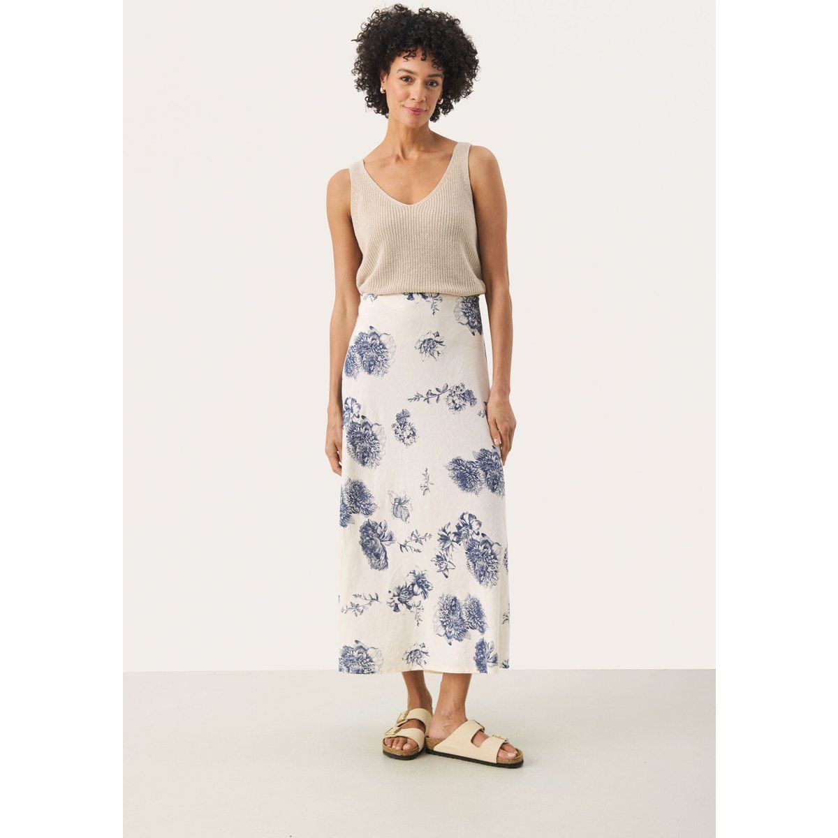 Midi-Rock mit Blumenmuster aus Leinenmix