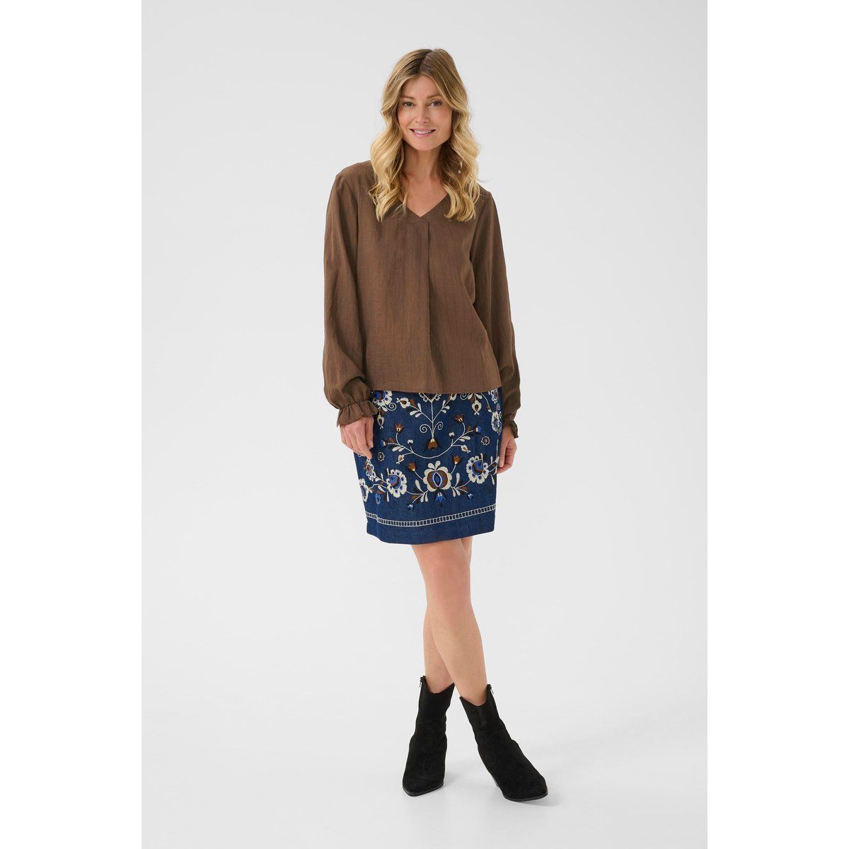 V-Ausschnitt Bluse mit Rüschenbündchen