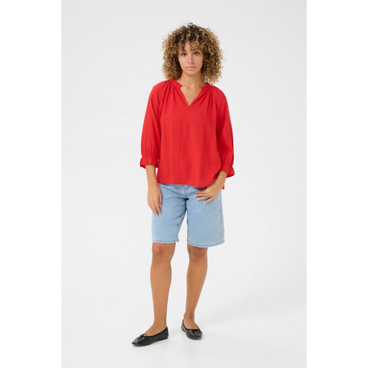 Lockere V-Ausschnitt-Bluse mit Leinenanteil