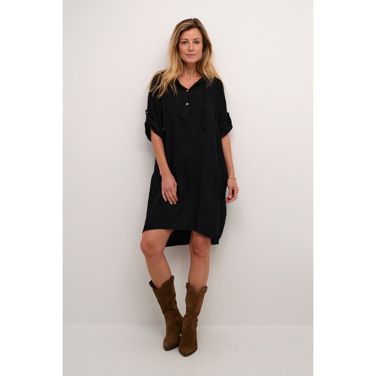Leinenmischung Kurzarm Hemdkleid