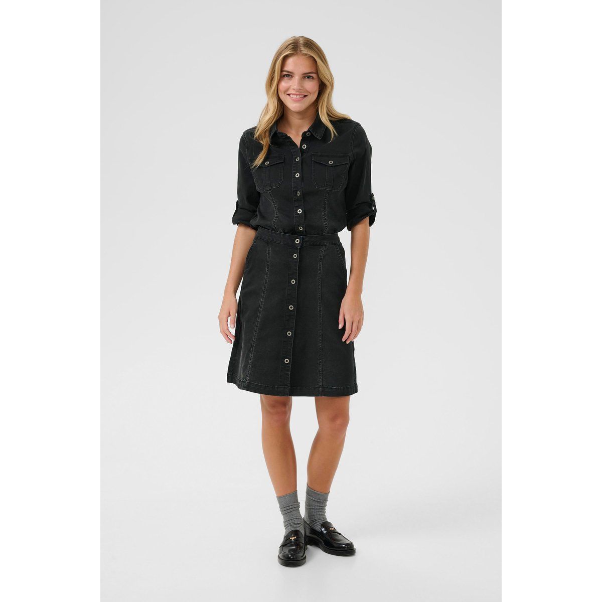 A-Linien-Denim-Midi mit Knopfleiste