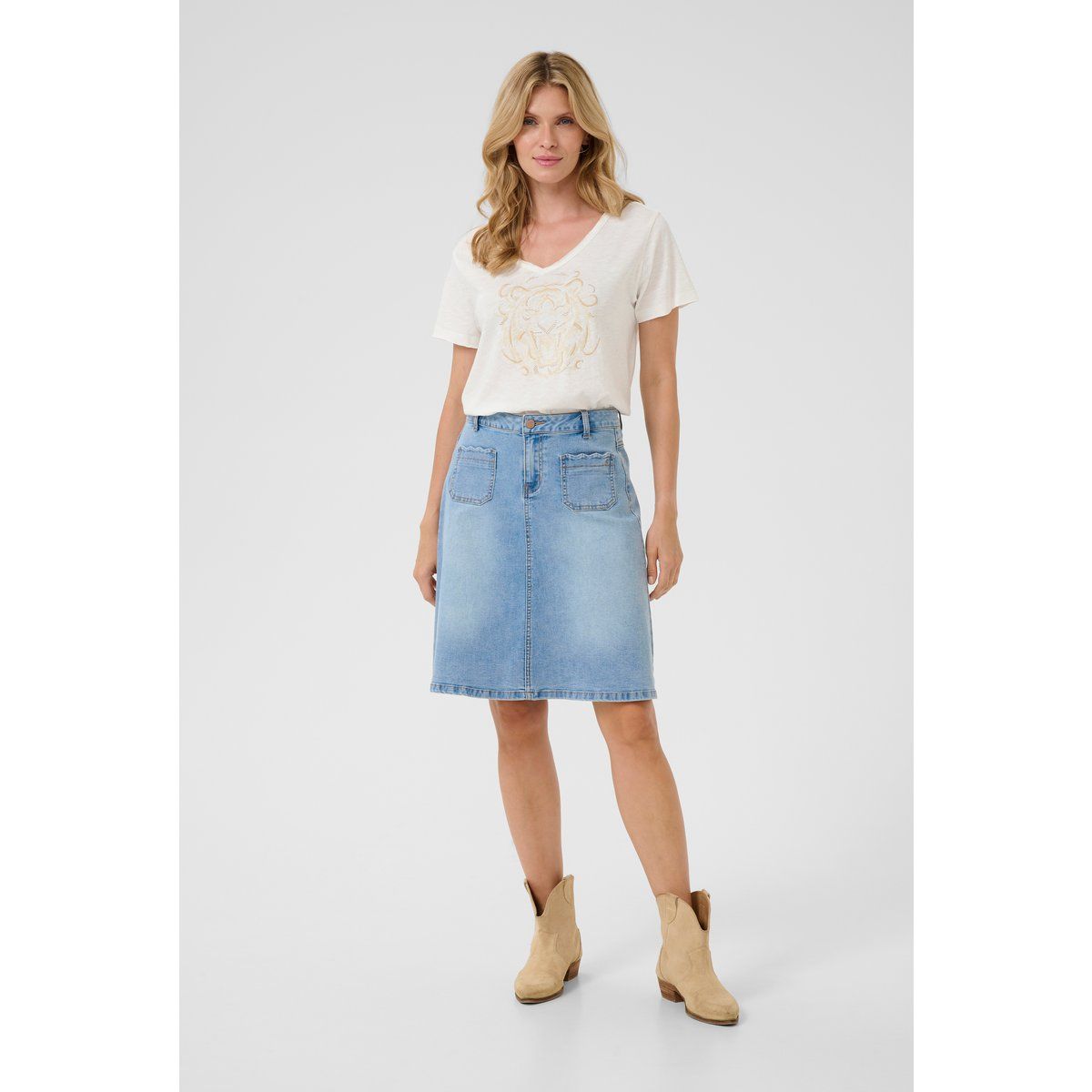 Hochtaillierter Jeansrock mit Wellenkanten-Taschen