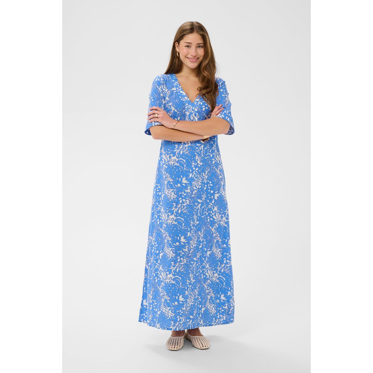 Florales A-Linien-Maxikleid mit V-Ausschnitt