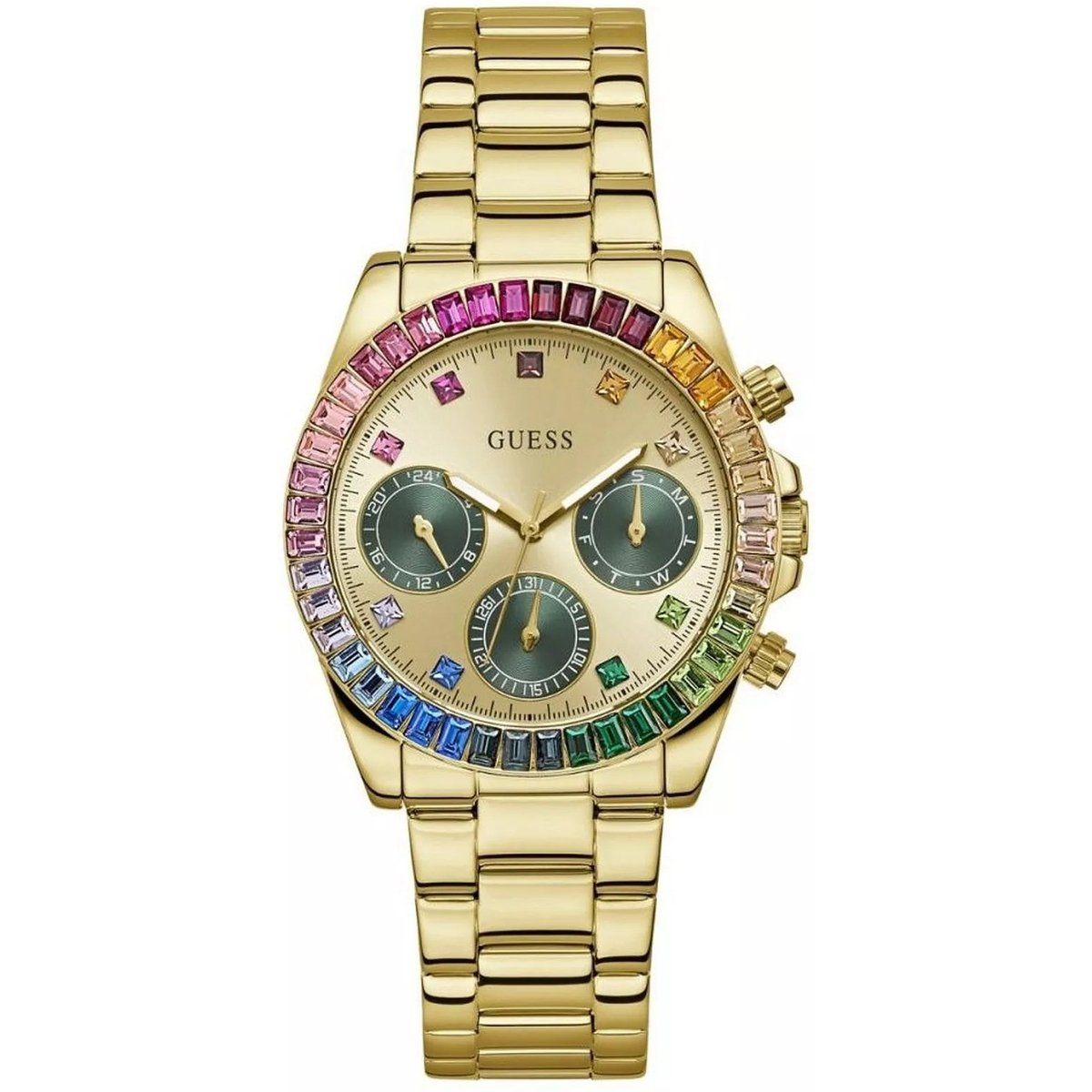 Multifunktionsuhr mit Regenbogen-Lünette und Gliederarmband