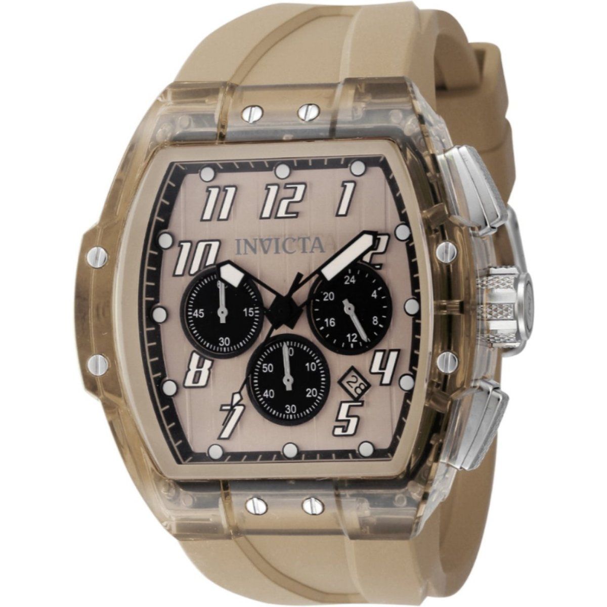 Chronograph mit Tonneau-Gehäuse und Silikonarmband