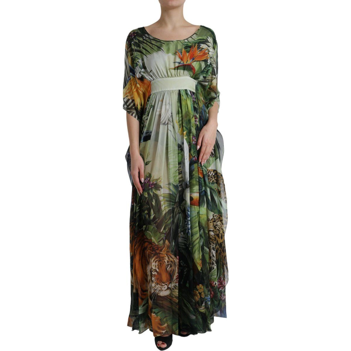 Farbenfrohes Seiden-Kaftankleid mit Dschungelprint