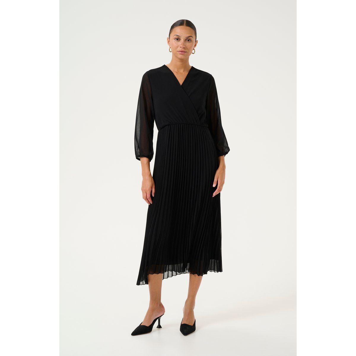 Plissee-Midikleid mit transparenten Ärmeln