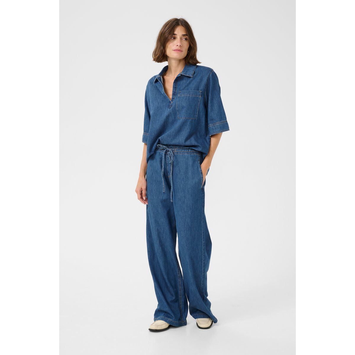 Weit geschnittene Denim-Hose mit Tunnelzug