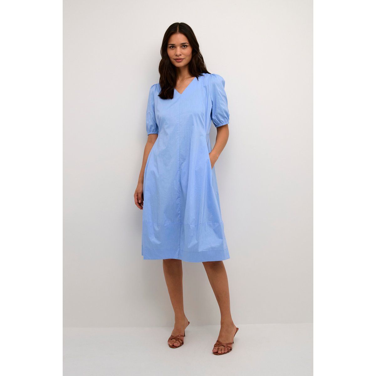 V-Ausschnitt Midikleid mit Puffärmeln