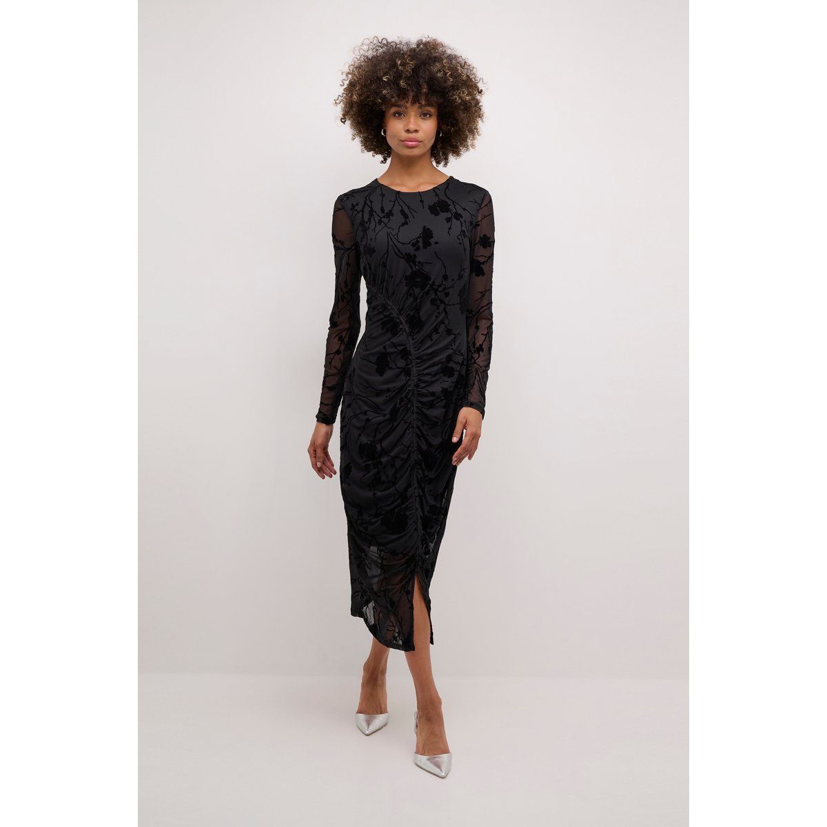 Florales Mesh-Midikleid mit Raffung