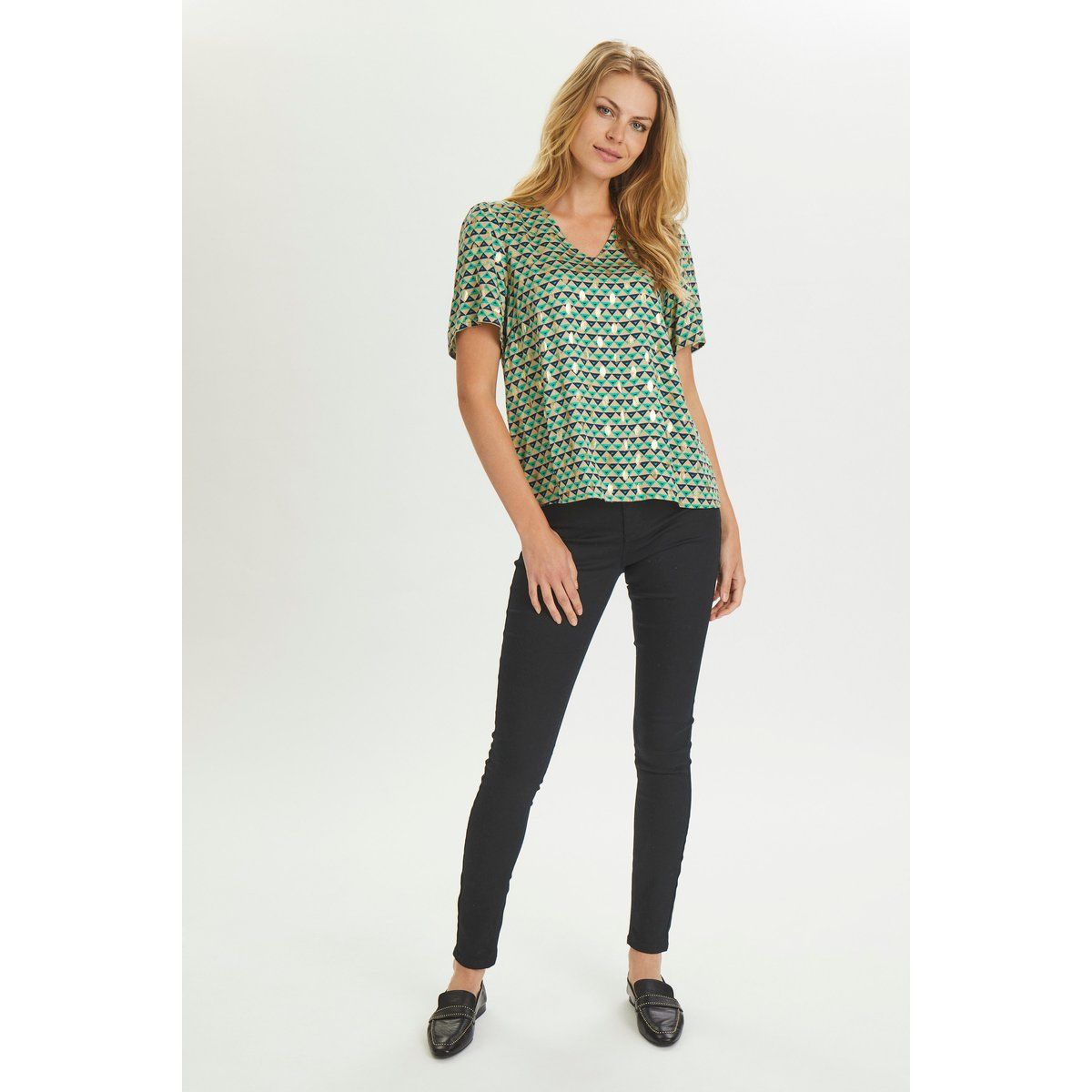 Locker geschnittene V-Ausschnitt Print-Bluse