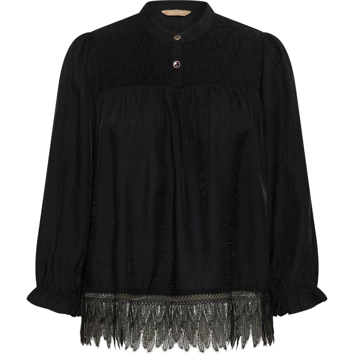 Geraffte Stehkragen-Bluse mit Spitze