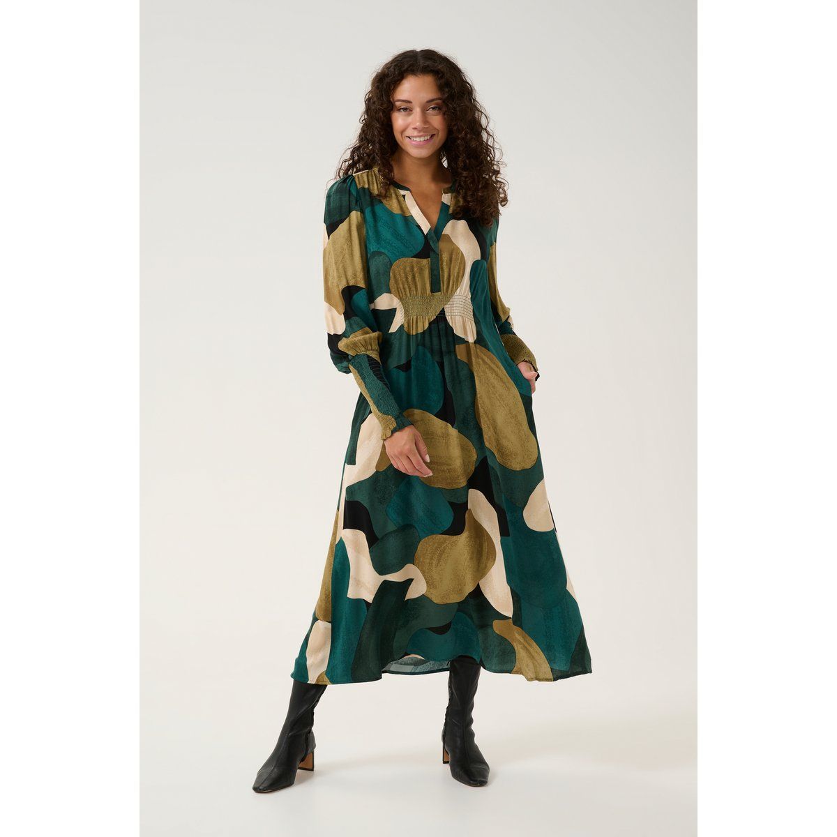 Midikleid mit abstraktem Muster und Smokbündchen