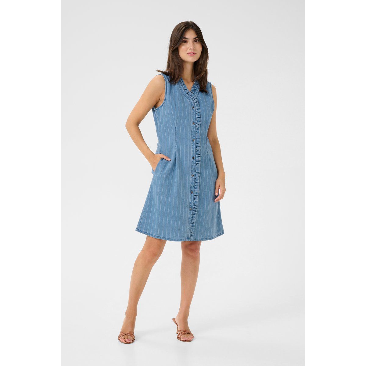Gestreiftes Jeanskleid mit Rüschenleiste