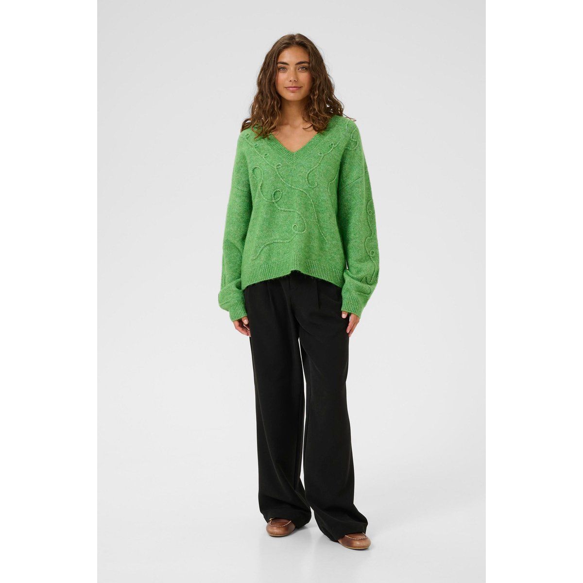 Lockerer V-Ausschnitt Strickpullover mit Stickerei